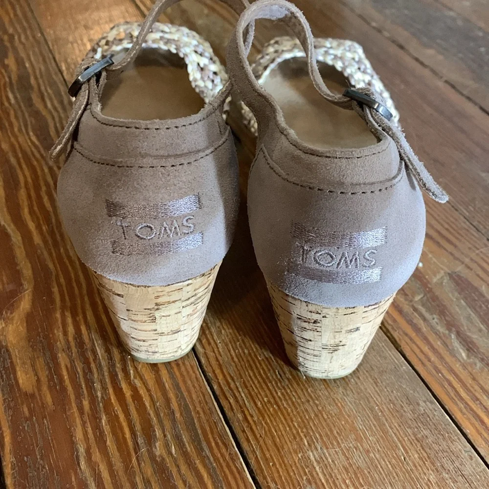 Toms Cork Heeled Ribbon Peep Toe Wedges - Picture 5 of 9